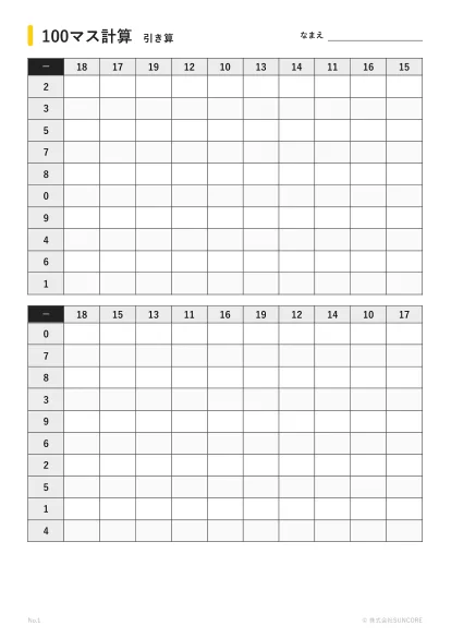 引き算の100マス計算プリント