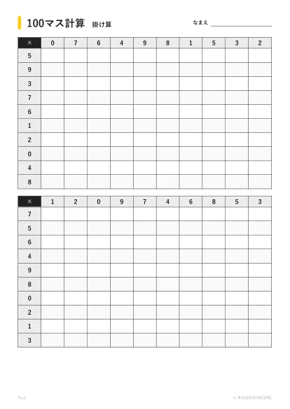 掛け算の100マス計算プリント