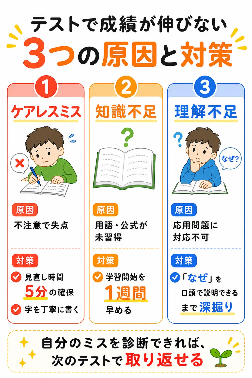 テストで成績が伸びない3つの原因と対策